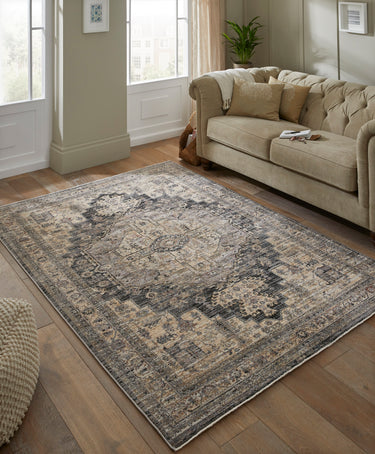 Legacy LEG01 Traditional Oriental Medallion Bordered Classic Rug in Charcoal Cream - Medium 120x180 cm (4'x6')