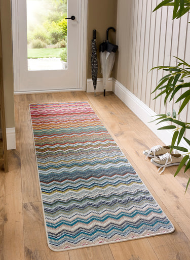 My Mat Candy Washable Home Entrance, Kitchen, Hallway, Entryway Non-Slip Rug in Zig Zag Rainbow Multi Colours in 67 x 200 cm