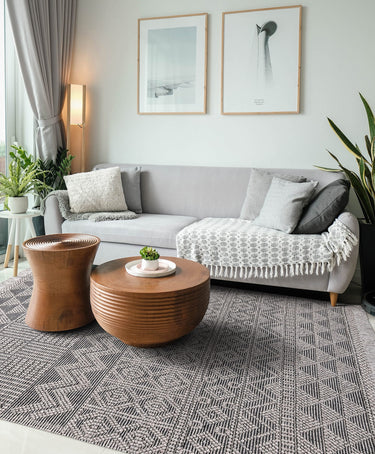 Anya ANR01 Rug Hand Made Wool Geometric Traditional Modern Bohomian Tribal Fringed Rug in Grey Black - Medium 120x170 cm (4'x5'6")