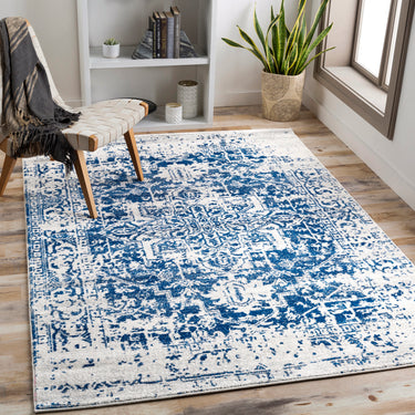 Harput HAP1021 Abstract Vintage Navy Blue Area Washable Jute Cotton Polypropylene Rug - Rectangle 80 x 150 cm