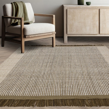 Avalon Modern Fringed Wool Hand Woven Flatweave Plain Rug in Forest Green - Medium 120x170 cm (4'x5'6")