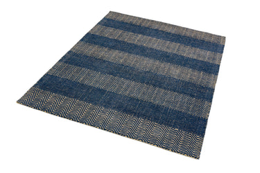 Ives Hand Woven Chenille Flatweave Natural Waves Heringbone Rug in Navy Blue - Small 100x150 cm (3'4"x4'11")