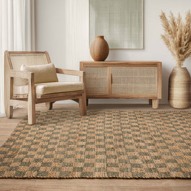Naturi Hand Woven Jute Rug Reversible Checkerboard Flatweave Rug in Olive Green - X-Large 200x290 cm (6'7"x9'6")