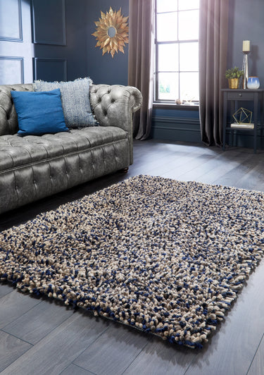 Origins Rocks Shaggy Hand Woven Wool Tubular Long Pile Rugs in Navy - Small 80x150 cm (2'6"x5')