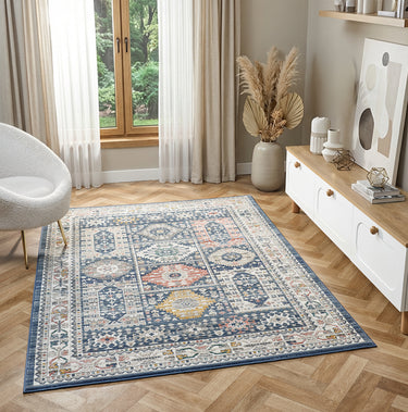 Nova Ella Navy Blue Polypropylene Traditional Vintage Bordered Hallway Runner Rug - Small 80x150 cm (2'6"x5')