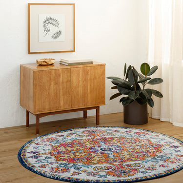 Harput HAP1000 Modern Vintage Area Blue Multi Washable Jute Cotton Polypropylene Rug - Round 120x120 cm (4'x4')