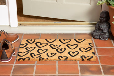 Drawn Hearts Printed Pvc Backed Coir Natural Doormat - 40x60 cm