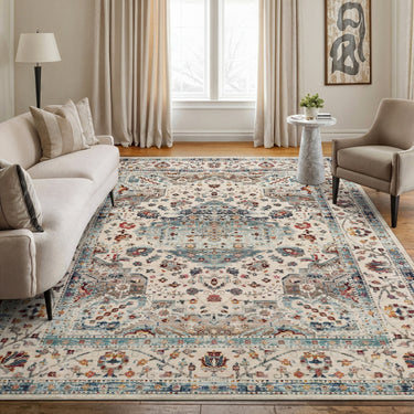 Kashan VKA10 Medallion Teal Multi Polypropylene Traditional Vintage Floral Rug - 61 x 115 cm (2'x4')