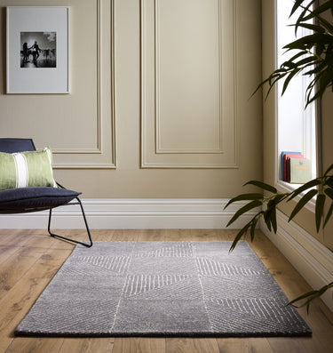 Origins Charcoal Squared Tufted Grey Wool Geometric Textured Striped Rug - Small 80x150 cm (2'6"x5')