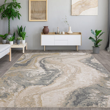Seville Oro Short Pile Touch Silky Beige Natural Abstract Modern Soft Rug - Medium 120x180 cm (4'x6')