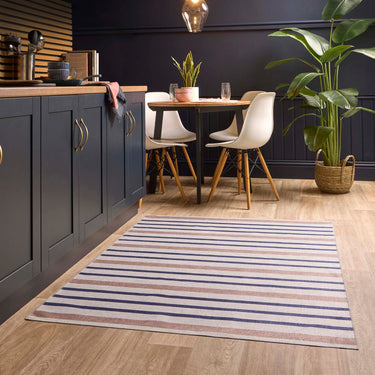 Washable Modern Coastal Striped Blue Rust Rug or Halway Runner - Large 160x230 cm (5'3"x7'7")