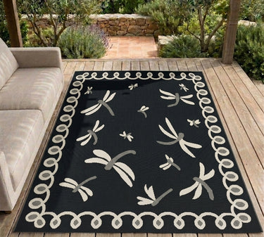New Terrace Dragonfly Black Polypropylene Boho Bordered Rug - Small 80x150 cm (2'6"x5')