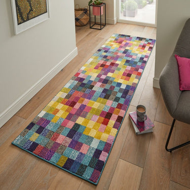 Carnaval CAR103 Vibrant Multi Colours Modern Geometric Squared Pattern Rug - Runner 80x240 cm (2'7"x7'11")