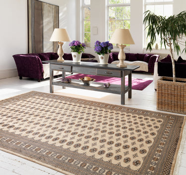 Bokhara Hand Made Rug Traditional Classic Wool Bordered Soft Beige Rug - Small 90x150 cm (3x5')