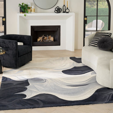 Prismatic PRS41 Hand Tufted New Zeland Wool Silk Swirling Pattern Handmade Rug in Ivory Black - Medium 114x175 cm (4'x5'9'')