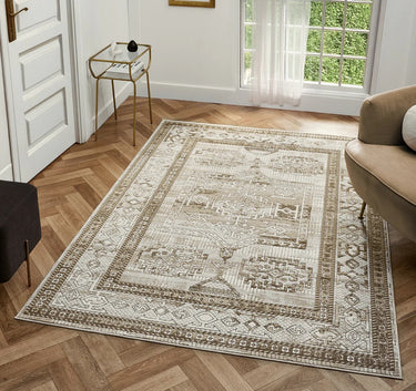 Petra Ellorah Classic Heritage Natural Cream Polypropylene Traditional Textured Bordered Hallway Runner Rug - Small 80x150 cm (2'6"x5')