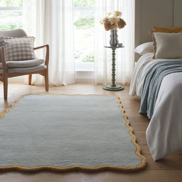Origins Scalloped Border Elsie Tufted Duck Egg Ochre Wool Bordered Hallway Runner Rug - Medium 120x170 cm (4'x5'6")