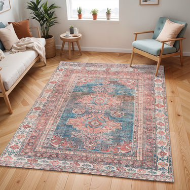 Colin Navy Blue Pink Washable Cotton Chenille Oriental Hallway Runner Rug - Medium 120x170 cm (3'11"x5'7")