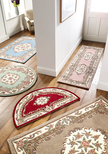 Origins Aubusson Shensi Traditional Wool Round, Hallway, Halfmoon Rug in Beige