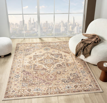 Alia 842G2 Short Pile Beige Grey Polypropylene Traditional Floral Bordered Rug - Runner 60x230cm (2'x7'7")