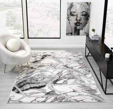 Marbled Bianco 224RA Cream Silver Polypropylene Abstract Geometric Rug - X-Large 200x290 cm (6'7"x9'6")