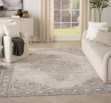 Nourison Antique Fusion ANF01 Fringed Bordered Medallion Ivory Persian Traditional Vintage Abstract Rug - Large 160x239 cm (5'3"x7'10")