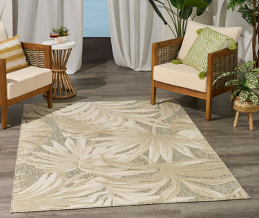 Nourison Aloha ALH43 Ivory Sage Green Indoor Outdoor Polypropylene Floral Textured Rug - Medium 107x168 cm (3'6"x5'6")