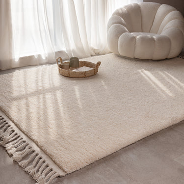 Fes FE04 Shaggy Rug Moroccan Berber Modern Bohomian Soft Touch Tufted Tasseled Cream White Plain Rug - Medium 120x170 cm (4'x5'6")