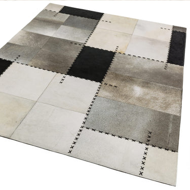 Asiatic London Xylo Sewn Cowhide Patchwork Leather Black Mono Handmade Geometric Textured Rug 200x290 cm