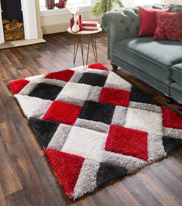 Origins 3D Geo Silky Diamond Red Hand-Carved Shaggy Geometric Rug - X-Small 60x110 cm (2'x3'7")