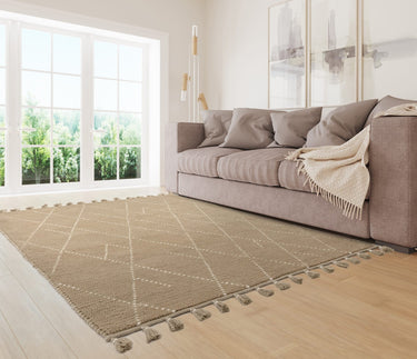 Nepal Sand Cream Linear Bohomian Berber Hand Woven Wool Fringed Rug - Medium 120x170 cm (4'x5'6")