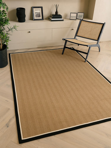 Asiatic London Bordo Sisal Charcoal Cream Border Herringbone Pattern Jute Cotton Textured Flatweave Rug - X-Large 200 x 290 cm (6'7"x9'6")