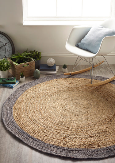 Origins Jute Bordered Design Circle, Hallway Runner Rug in Grey - Circle 150x150 cm (5'x5')