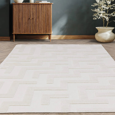 Asiatic London Freja Cove Short Pile Maze Ivory White Washable Cotton Polypropylene Abstract Rug - Small 80x150 cm (2'6"x5')