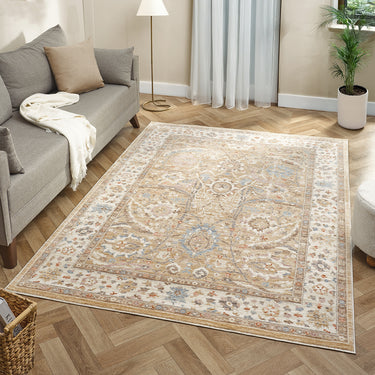 Alia Viana Beige Cream Traditional Floral Bordered Rug - Medium 120x170 cm (4'x5'6")