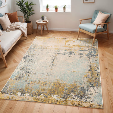 City Marble Mustard Aqua Washable Jute Polypropylene Abstract Hallway Runner Rug - Large 160 x 220 cm (5'3"x7'2")
