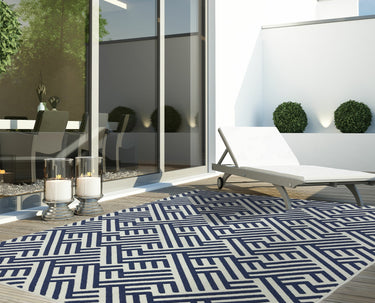 Asiatic London Antibes AN04 Blue White Linear Indoor Outdoor Polypropylene Geometric Flatweave Rug - Small 80x150 cm (2'6"x5')