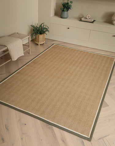 Asiatic London Bordo Sisal Khaki Cream Border Herringbone Pattern Natural Beige Jute Cotton Textured Flatweave Rug - Medium 120 x 170 cm (4'x5'6")