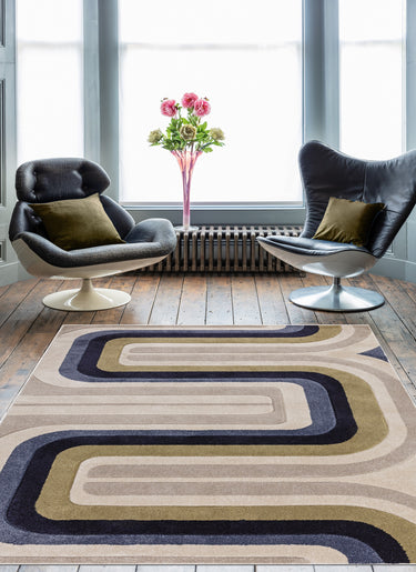Asiatic London Sketch Contour Retro Living Blue Multi Hand-Carved Polypropylene Abstract Geometric Rug 200x290 cm