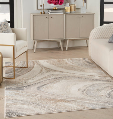 Brushstrokes BSK03 Marbled Silky Shimmer Cream Grey Polypropylene Abstract Textured Rug - Large 160x221 cm (5'3"x7'3")
