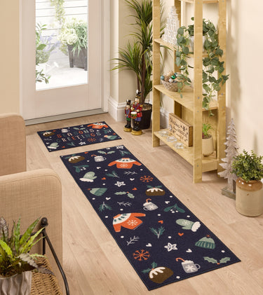 Floormatters Washable Runner and Doormat Set Anti-Slip Seasons Greetings Blue Mat in 40x60 & 50x150 cm