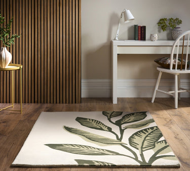 Paradise Leaf Natural Print Ivory Green By Washable Hand-Carved Wool Floral Rug - Small 80x150 cm (2'6"x5')