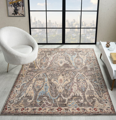 Alia 697G5 Short Pile Grey Polypropylene Traditional Floral Bordered Rug - Medium 120x170 cm (4'x5'6")