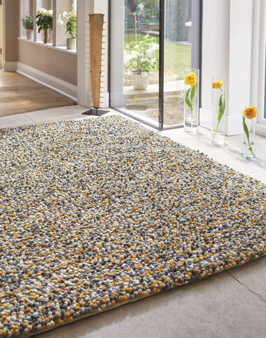 Origins Rocks Shaggy Hand Woven Wool Long Pile Rugs in Grey, Ochre, Blue, Multi - Ochre - 80x150cm (2'6"x5'0")