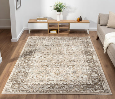 553A2 Classic Light Brown Traditional Vintage Textured Bordered Hallway Runner Rug - Small 80x150 cm (2'6"x5')