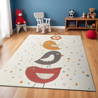 Ankara AKR2357 Kids Playful Cutie Chicks Birds Nursery Bedroom & Playroom Cream Multi Rug for Child Room - Large 140x200 cm (4'8"x6'7")