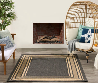 Horizon Bordered HOZ03 Charcoal Grey By Indoor Outdoor Polypropylene Geometric Textured Rug - Medium 152 x 213 cm (5'x7')