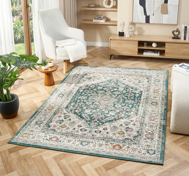 URCO Nova Nico Forest Green Polypropylene Traditional Vintage Bordered Rug - X-Small 40x60 cm (1'3"x1'11")