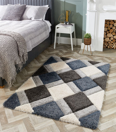 Origins 3D Geo Silky Diamond Blue Hand-Carved Shaggy Geometric Rug - Small 80x150 cm (2'6"x5')