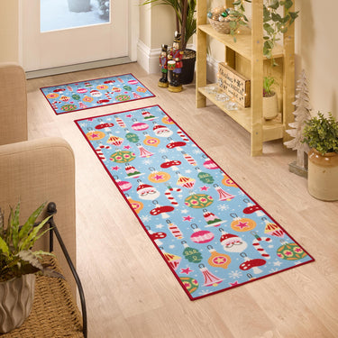 Floormatters Multi Bright Christmas Santa Ornaments Mat & Runner Set